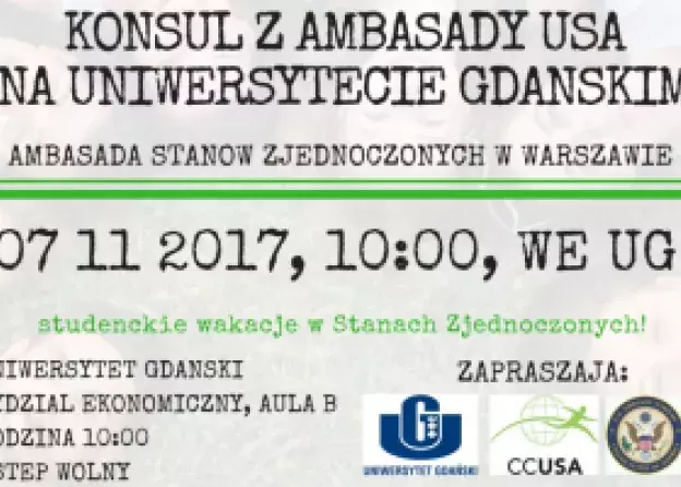 Konsul z Ambasady USA na Uniwersytecie Gdańskim - wtorek 7 listopada 2017