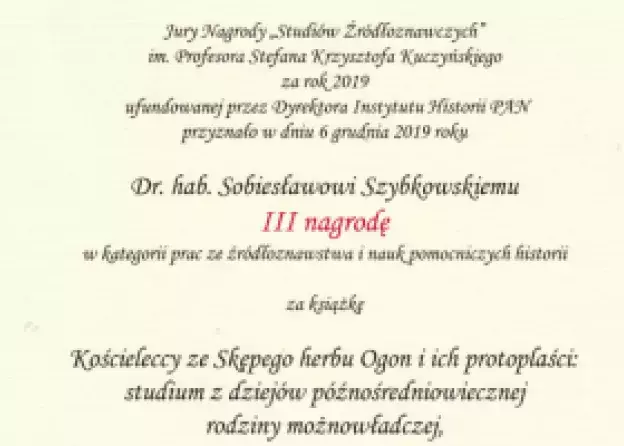 Prof. UG, dr hab. Sobiesław Szybkowski laureatem Nagrody „Studiów Źródłoznawczych” im. Profesora…